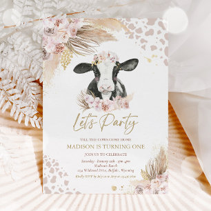 Invitation Boho Rose Floral Pampas Vache d'herbe fête d'anniv