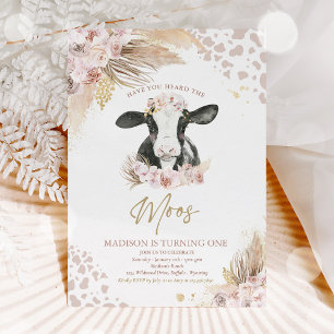 Invitation Boho Rose Floral Pampas Vache d'herbe fête d'anniv