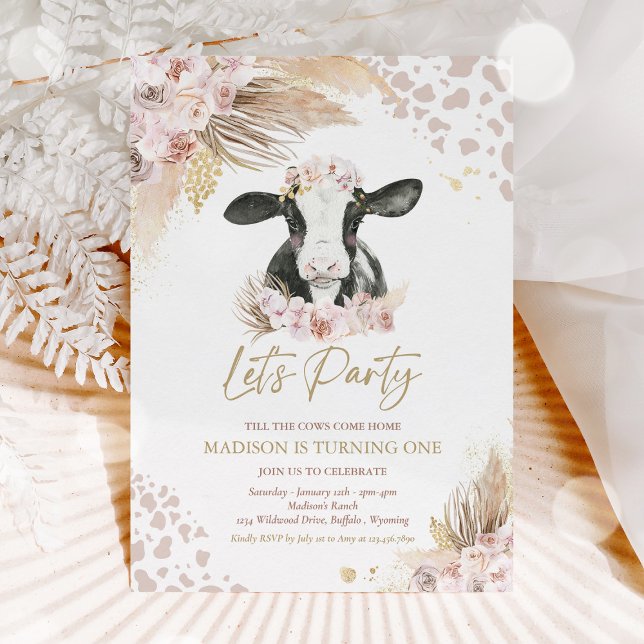 Invitation Boho Rose Floral Pampas Vache d'herbe fête d'anniv (Créateur téléchargé)