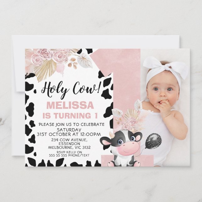 Invitation Boho rose Floral Photo Une Vache Sainte 1er Annive (Devant)