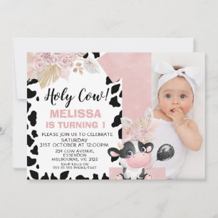 Invitation Boho rose Floral Photo Une Vache Sainte 1er Annive