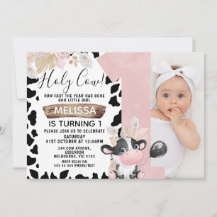Invitation Boho rose Floral Photo Vache sainte 1er anniversai