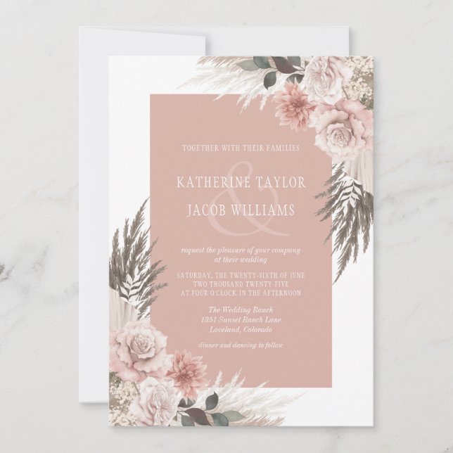 Invitation Boho rose Floral QR Code RSVP Mariage (Devant)