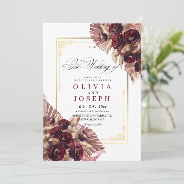 Invitation Boho Rose Floral Russe Mariage (Debout devant)