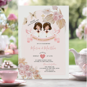 Invitation Boho rose Floral Twin Girl première sainte communi