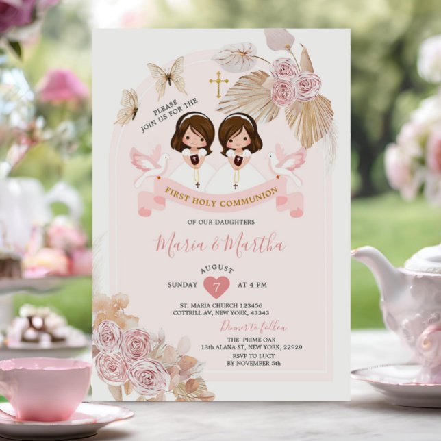 Invitation Boho rose Floral Twin Girl première sainte communi (Créateur téléchargé)