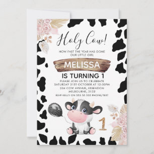 Invitation Boho rose Floral Vache sainte 1er anniversaire Inv