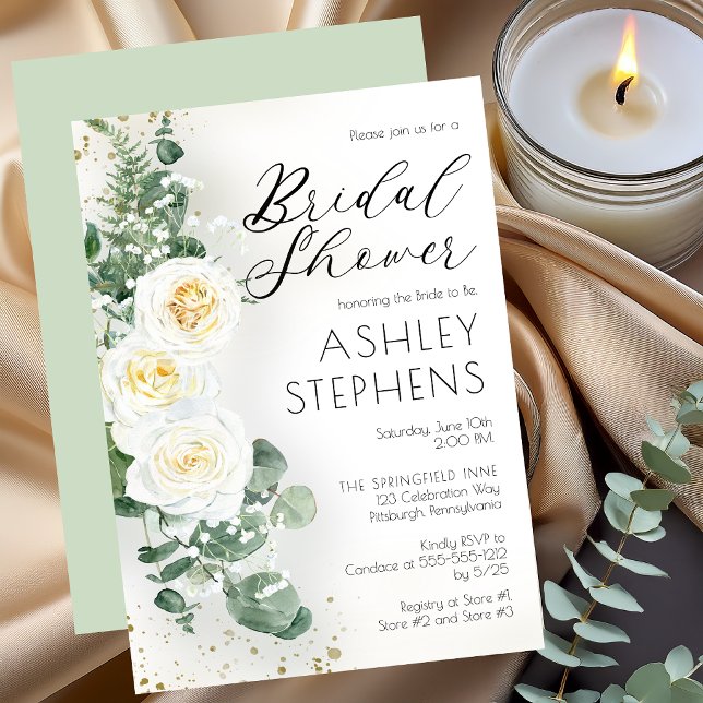 Invitation Boho Rose florale blanche | Fête des mariées Eucal (Dusty Sage Romantic White Roses | Eucalyptus Bridal Shower Invitation)