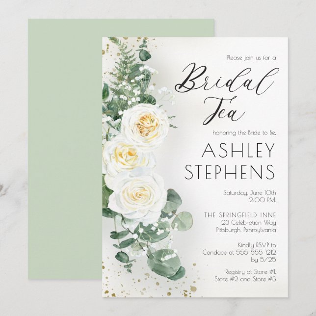 Invitation Boho Rose florale blanche | Thé nuptial Eucalyptus (Devant / Derrière)