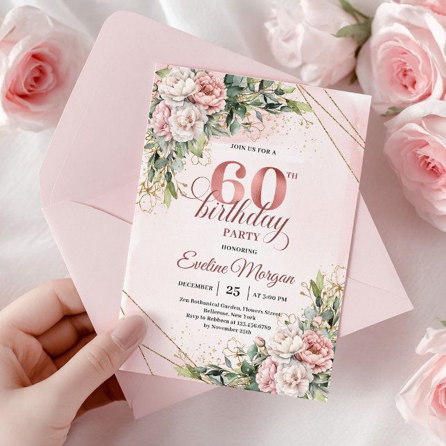 Invitation Boho Rose Gold Aquarelle Floral 60e Anniversaire  (Boho Rose Gold Watercolor Floral 60th Birthday Invite)