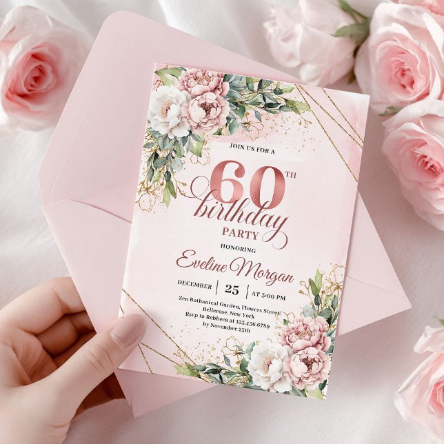 Invitation Boho Rose Gold Blush Rose Pailleté 60e Anniversair (Rose Gold Shimmering Blush Pink 60th Birthday Invite)