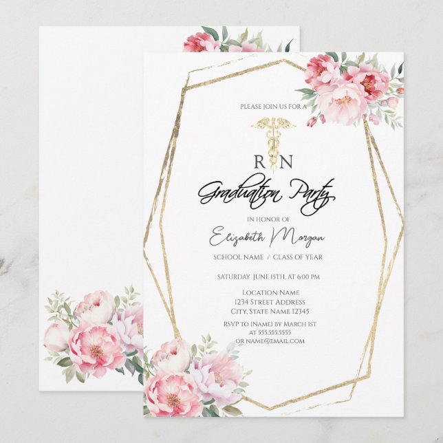 Invitation Boho Rose Gold Frame RN Nurse Graduation Party (Devant / Derrière)