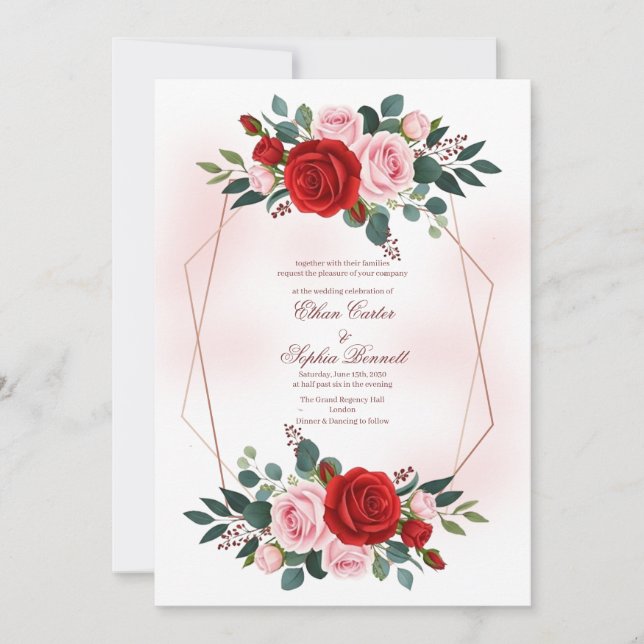 Invitation Boho Rose Gold Hexagone Floral Mariage (Devant)