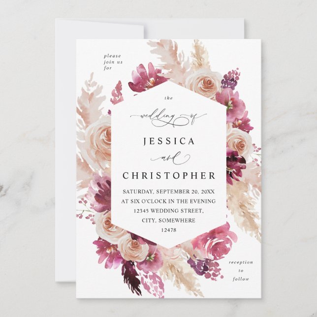 Invitation Boho Rose Herbe de Pampas Floral Mariage Beige (Devant)