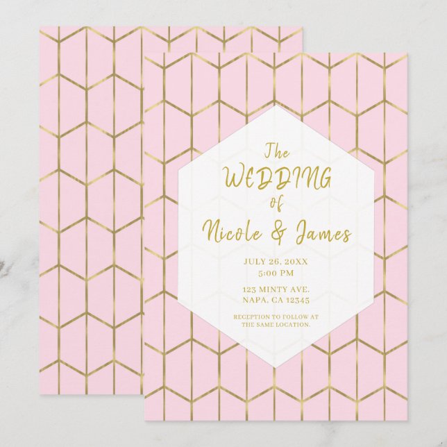 Invitation Boho Rose Hexagone Géométrique Doré Mariage Glamou (Devant / Derrière)