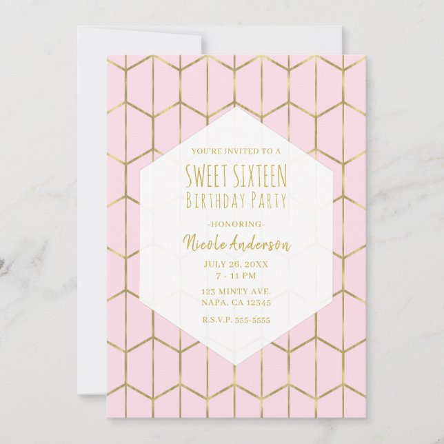 Invitation Boho Rose Hexagone Or Géométrique Glam Douce 16 An (Devant)