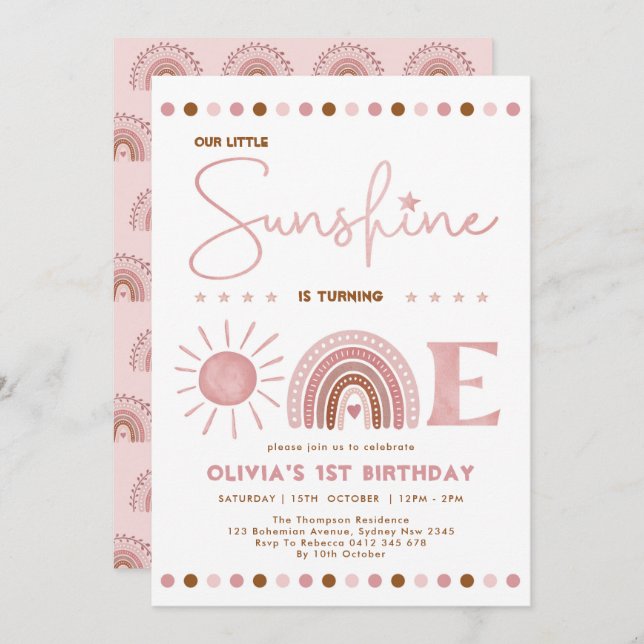 Invitation Boho Rose Little Sunshine Rainbow Girl Anniversair (Devant / Derrière)