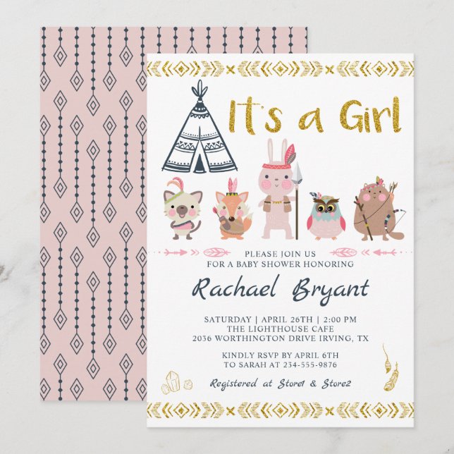 Invitation Boho Rose Or Animaux C'Est Un Baby shower Fille (Devant / Derrière)