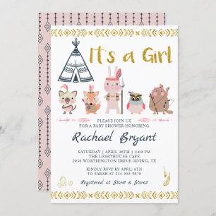 Invitation Boho Rose Or Animaux C'Est Un Baby shower Fille