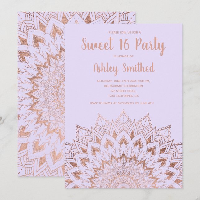 Invitation Boho rose or floral mandala lavande Sweet 16 (Devant / Derrière)