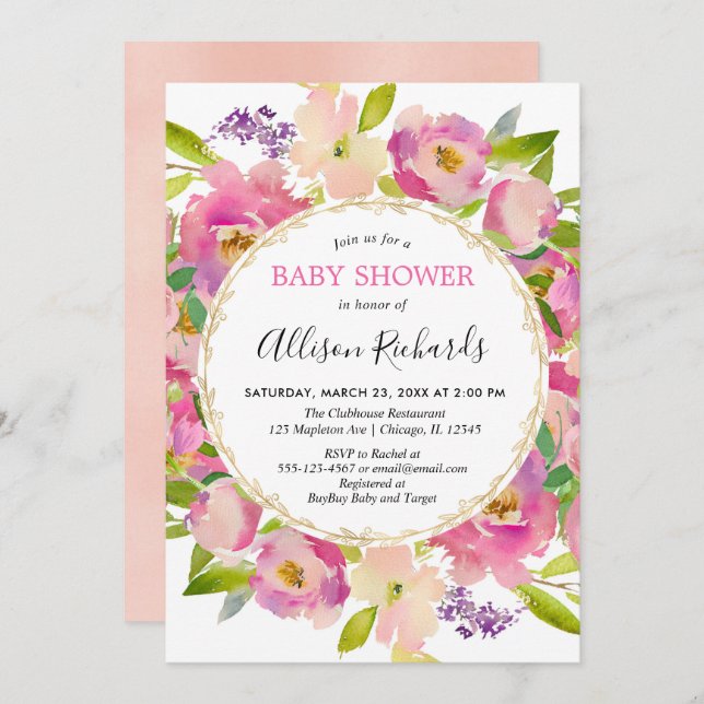 Invitation Boho rose pâle rose pastel fille baby shower (Devant / Derrière)