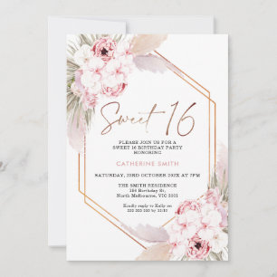 Invitation Boho rose Pampas Grass Sweet 16 anniversaire