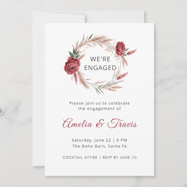Invitation Boho Rose Pampas Nous sommes engagés Floral Fiança (Devant)