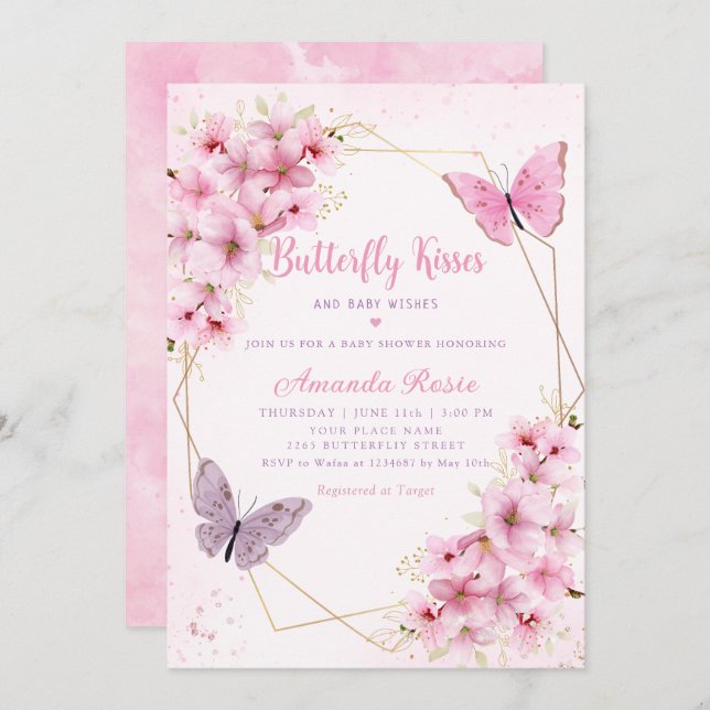 Invitation Boho rose papillon floral Baisers Baby shower fill (Devant / Derrière)