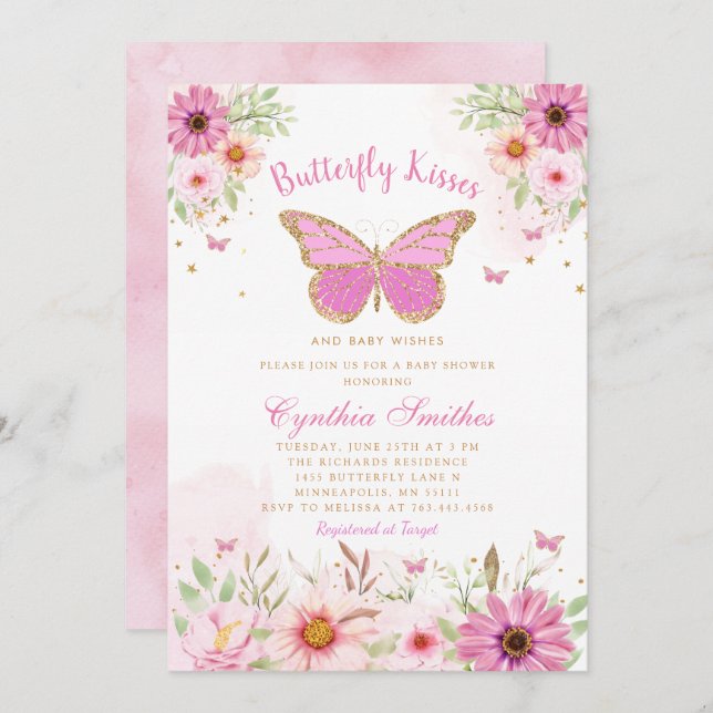 Invitation Boho rose papillon floral embrasse Baby shower fil (Devant / Derrière)