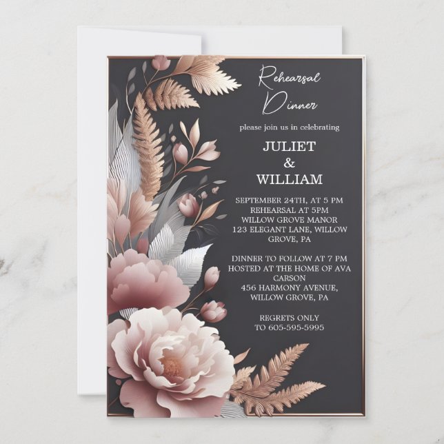 Invitation Boho rose Peony Garden Dîner de répétition Rose Du (Devant)