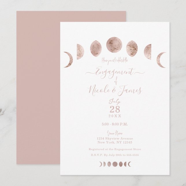 Invitation Boho Rose Phases de Lune Moderne Minimal Engagemen (Devant / Derrière)