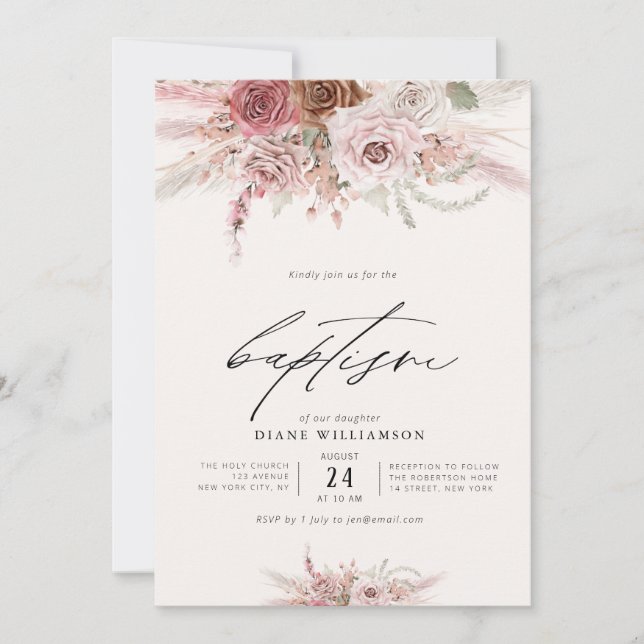 Invitation boho rose poussiéreux fleurs rose thème fille bapt (Devant)