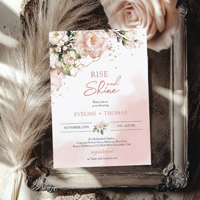 Invitation Boho rose rose fleurie or levant et brillant maria (Boho blush pink floral gold rise and shine wedding invitation)