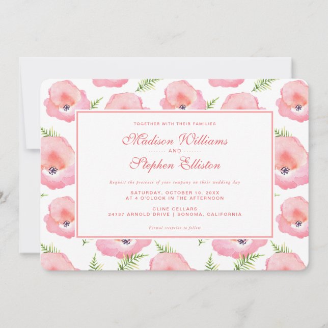 Invitation Boho Rose Rose Floral Aquarelle - Mariage (Devant)