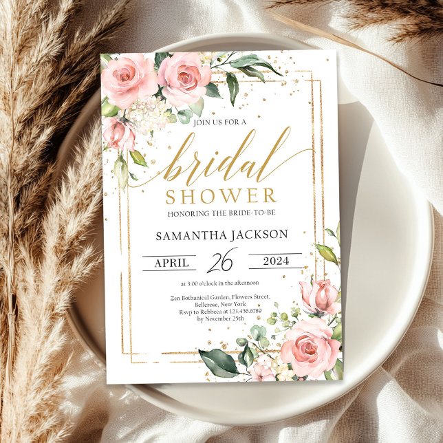 Invitation Boho rose rose floral cadre d'or nuptiale douche (Boho blush pink floral gold frame bridal shower invitation)