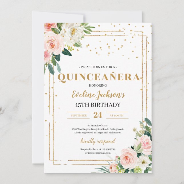Invitation Boho rose rose floral or éclatante quinceanera (Devant)