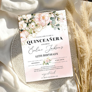 Invitation Boho rose rose floral or feuille quinceanera