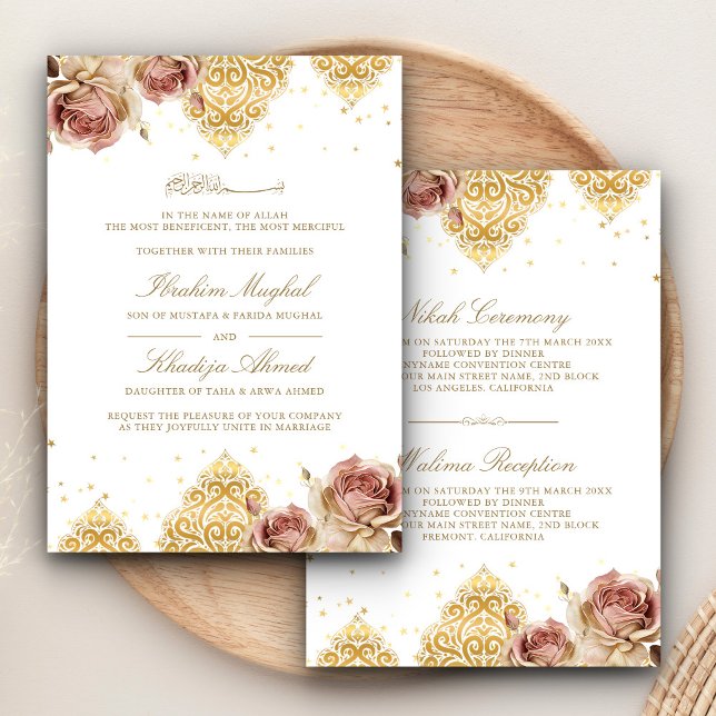 Invitation Boho rose Rose islamique Motif blanc Mariage musul (Créateur téléchargé)