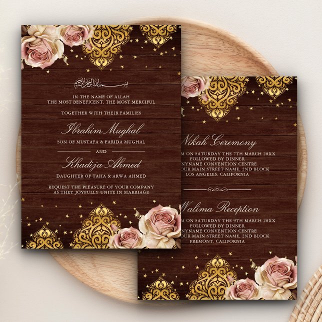 Invitation Boho rose Rose islamique Motif bois Mariage musulm (Créateur téléchargé)
