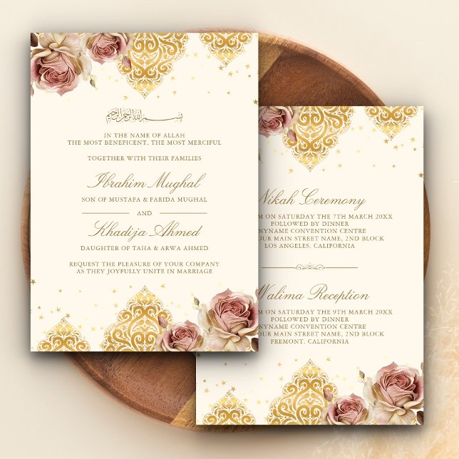 Invitation Boho rose Rose islamique Motif Cream Musulman Mari (Créateur téléchargé)