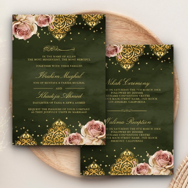 Invitation Boho rose Rose islamique Motif vert Mariage musulm (Créateur téléchargé)