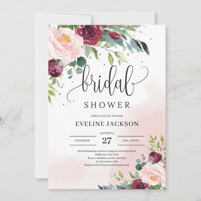 Invitation Boho rose rousse bordeaux floral brun douche nupti (Devant)