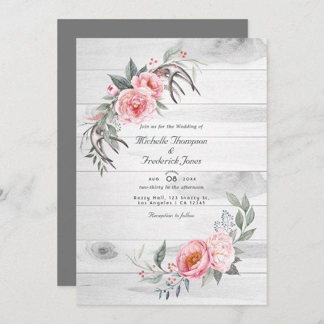 Invitation Boho rose rustique Floral QR Code RSVP Mariage (Devant / Derrière)