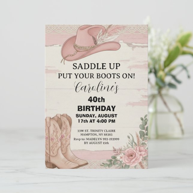 Invitation Boho Rose Rustique Occidental Anniversaire de Cowg (Debout devant)