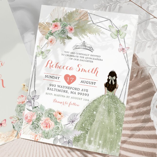 Invitation Boho Rose Sage Vert Floral Géométrique 15 Años (Créateur téléchargé)