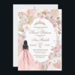 Invitation Boho rose séché Floral Roses doux 16 Anniversaire<br><div class="desc">Invitation d'anniversaire dans un style boho élégant. Roses blanches et roses,  fleurs séchées,  herbe de palmiers et de pampas et une fille dans une belle robe assortie. 

Consultez la boutique pour cette invitation avec des filles dans différentes couleurs de cheveux et de teintes de peau et plus de variations.</div>