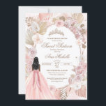 Invitation Boho rose séché Floral Roses doux 16 Anniversaire<br><div class="desc">Invitation d'anniversaire dans un style boho élégant. Roses blanches et roses,  fleurs séchées,  herbe de palmiers et de pampas et une fille dans une belle robe assortie. 

Consultez la boutique pour cette invitation avec des filles dans différentes couleurs de cheveux et de teintes de peau et plus de variations.</div>