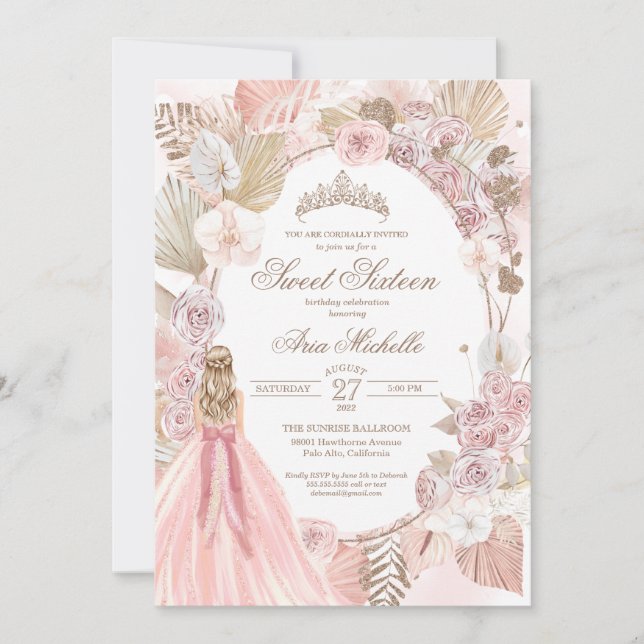 Invitation Boho rose séché Floral Roses doux 16 Anniversaire (Devant)