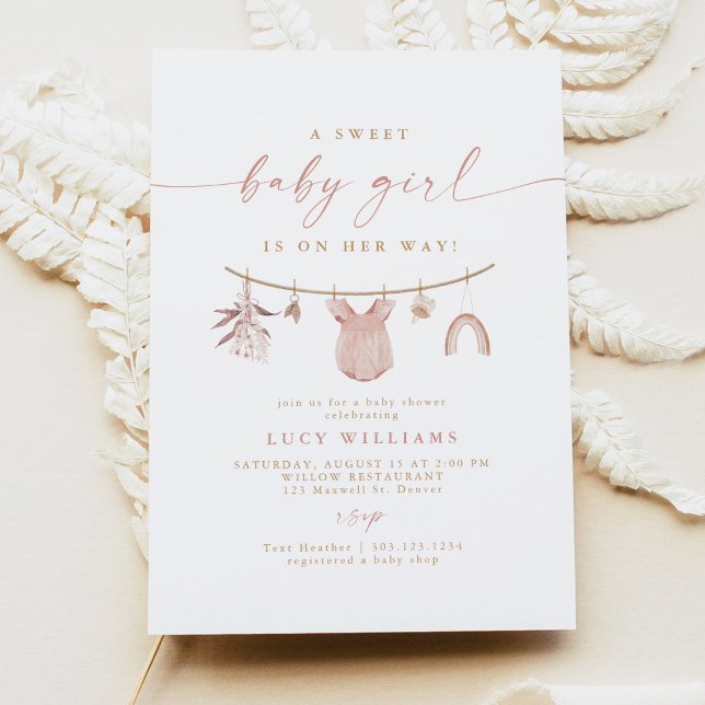 Invitation Boho Rose Sweet Baby Girl Clothesline Baby shower (Créateur téléchargé)