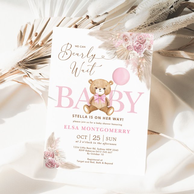 Invitation Boho rose Teddy Bear Pampas Grass Girl Baby shower (Créateur téléchargé)